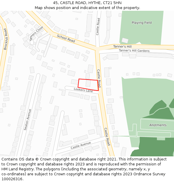 45, CASTLE ROAD, HYTHE, CT21 5HN: Location map and indicative extent of plot