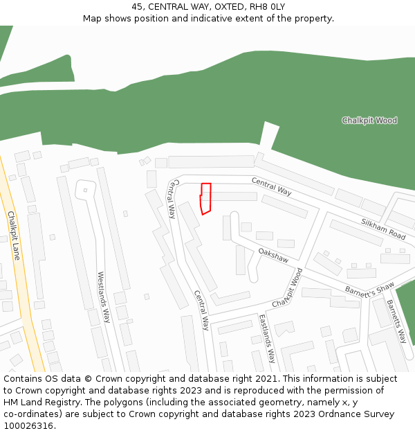 45, CENTRAL WAY, OXTED, RH8 0LY: Location map and indicative extent of plot