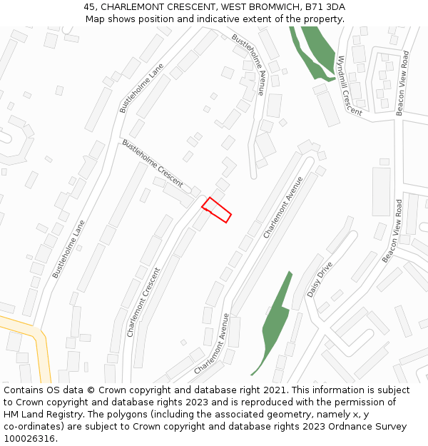 45, CHARLEMONT CRESCENT, WEST BROMWICH, B71 3DA: Location map and indicative extent of plot