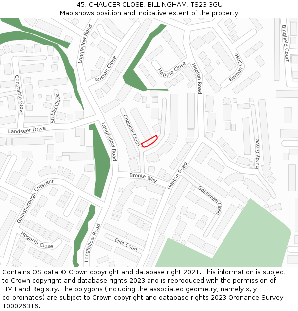 45, CHAUCER CLOSE, BILLINGHAM, TS23 3GU: Location map and indicative extent of plot