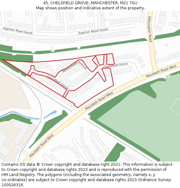 45, CHELSFIELD GROVE, MANCHESTER, M21 7SU: Location map and indicative extent of plot