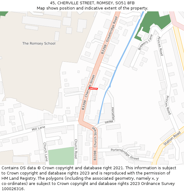 45, CHERVILLE STREET, ROMSEY, SO51 8FB: Location map and indicative extent of plot