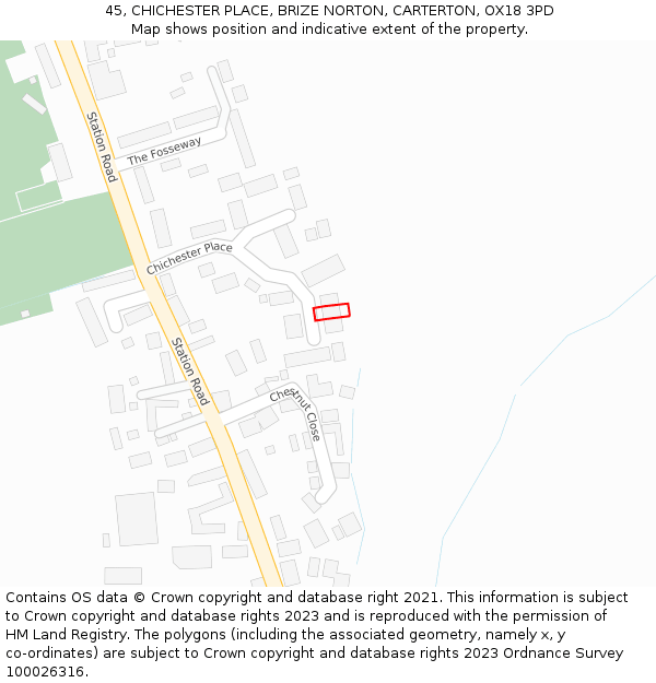 45, CHICHESTER PLACE, BRIZE NORTON, CARTERTON, OX18 3PD: Location map and indicative extent of plot