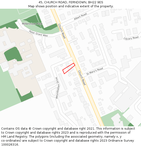 45, CHURCH ROAD, FERNDOWN, BH22 9ES: Location map and indicative extent of plot