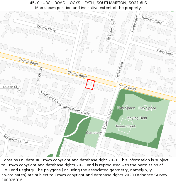 45, CHURCH ROAD, LOCKS HEATH, SOUTHAMPTON, SO31 6LS: Location map and indicative extent of plot