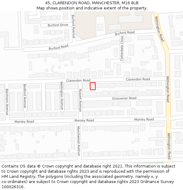 45, CLARENDON ROAD, MANCHESTER, M16 8LB: Location map and indicative extent of plot