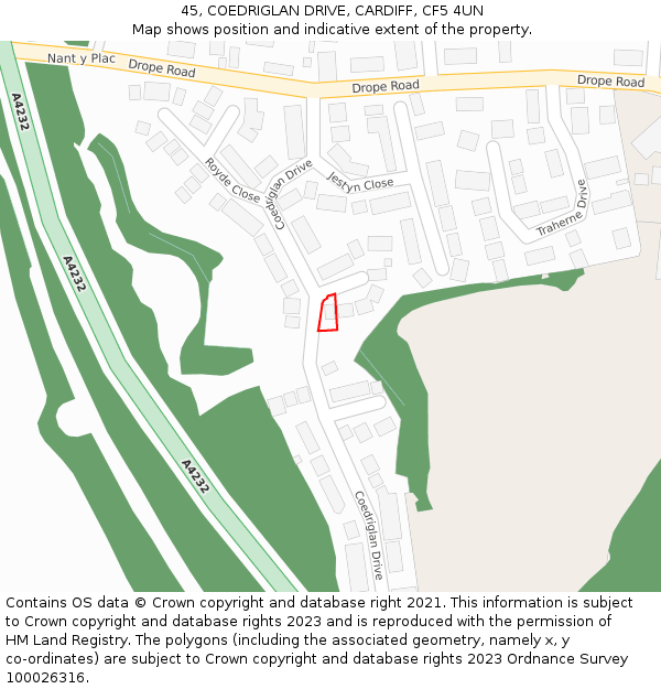 45, COEDRIGLAN DRIVE, CARDIFF, CF5 4UN: Location map and indicative extent of plot