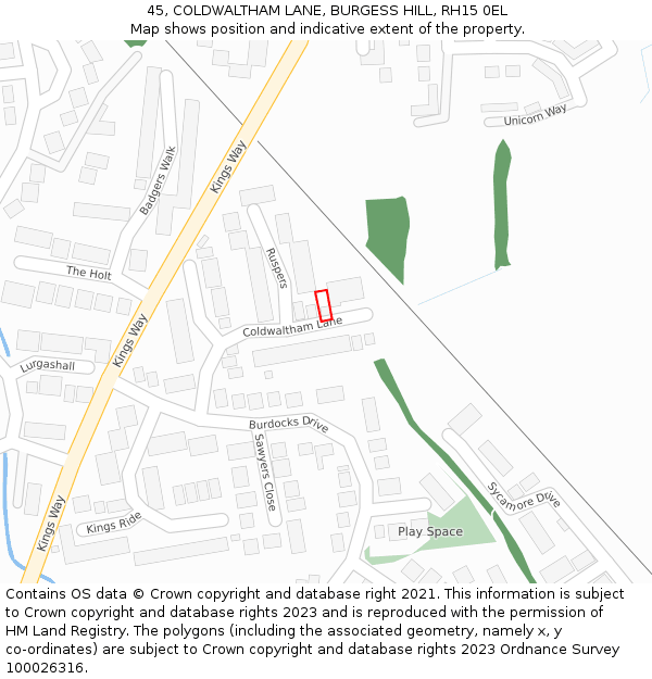 45, COLDWALTHAM LANE, BURGESS HILL, RH15 0EL: Location map and indicative extent of plot