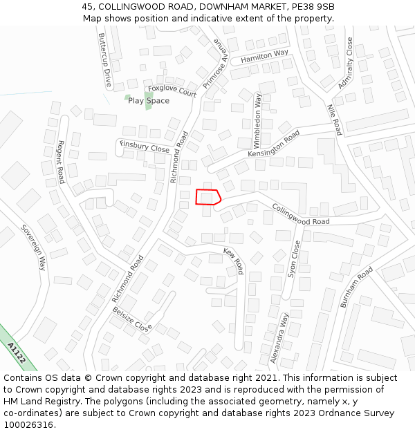 45, COLLINGWOOD ROAD, DOWNHAM MARKET, PE38 9SB: Location map and indicative extent of plot