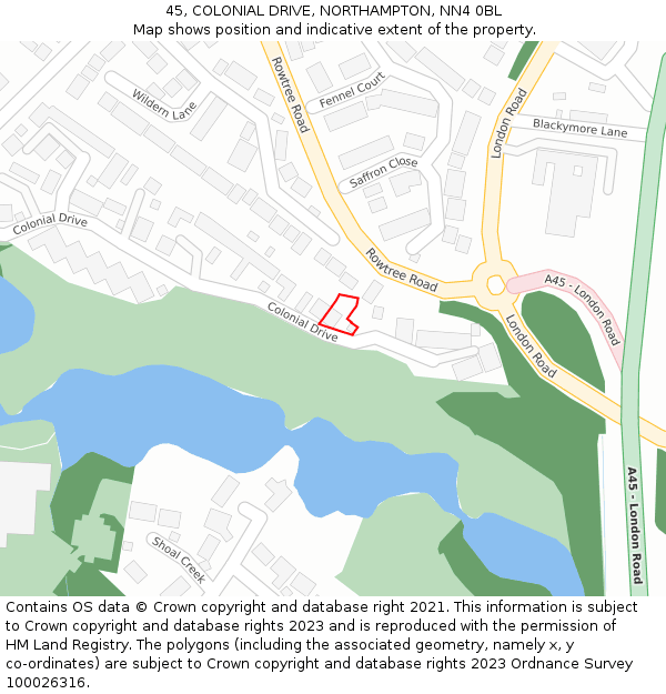 45, COLONIAL DRIVE, NORTHAMPTON, NN4 0BL: Location map and indicative extent of plot
