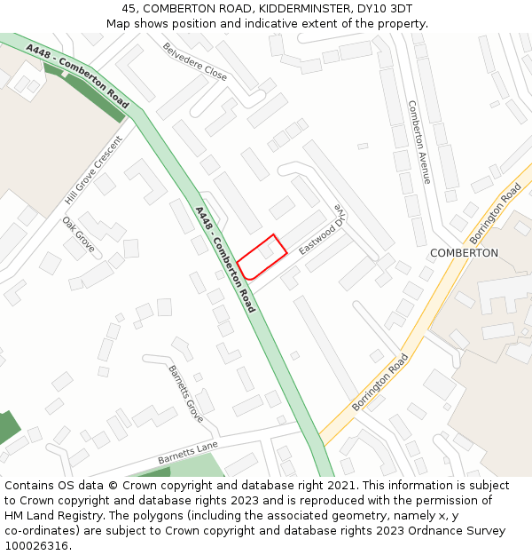 45, COMBERTON ROAD, KIDDERMINSTER, DY10 3DT: Location map and indicative extent of plot