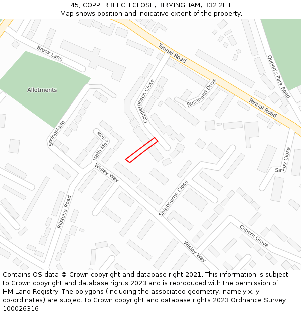 45, COPPERBEECH CLOSE, BIRMINGHAM, B32 2HT: Location map and indicative extent of plot