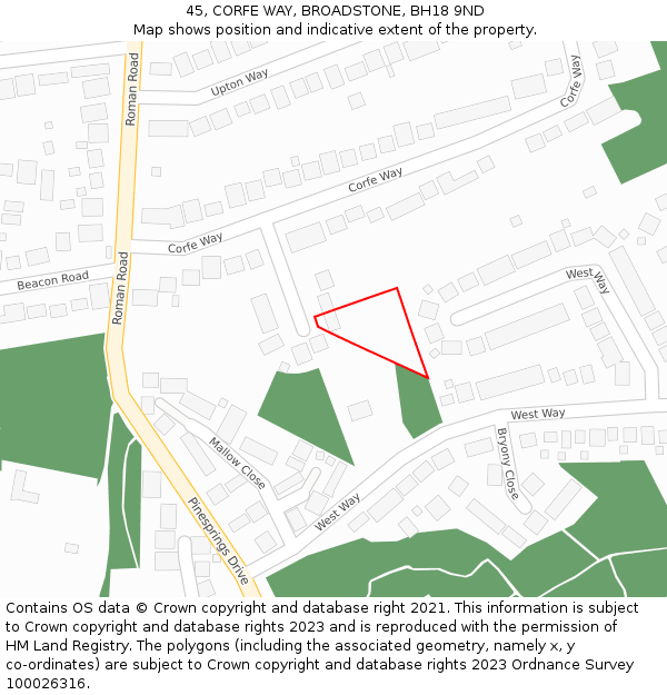 45, CORFE WAY, BROADSTONE, BH18 9ND: Location map and indicative extent of plot