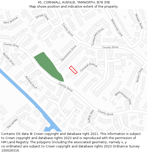 45, CORNWALL AVENUE, TAMWORTH, B78 3YB: Location map and indicative extent of plot