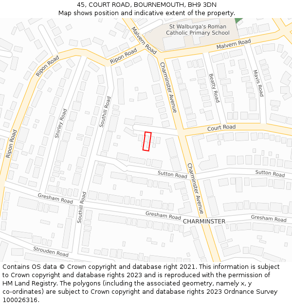 45, COURT ROAD, BOURNEMOUTH, BH9 3DN: Location map and indicative extent of plot