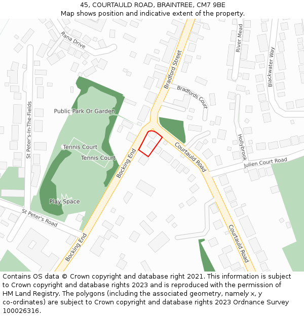 45, COURTAULD ROAD, BRAINTREE, CM7 9BE: Location map and indicative extent of plot