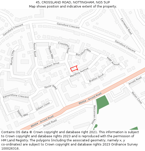 45, CROSSLAND ROAD, NOTTINGHAM, NG5 5UP: Location map and indicative extent of plot