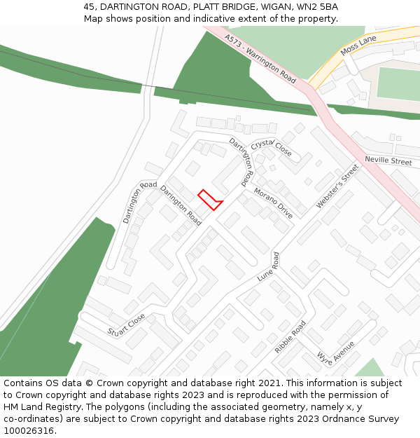 45, DARTINGTON ROAD, PLATT BRIDGE, WIGAN, WN2 5BA: Location map and indicative extent of plot