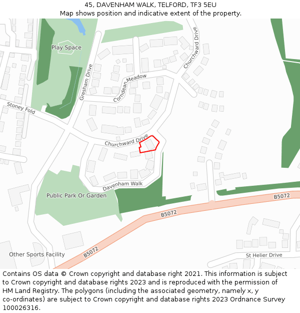 45, DAVENHAM WALK, TELFORD, TF3 5EU: Location map and indicative extent of plot
