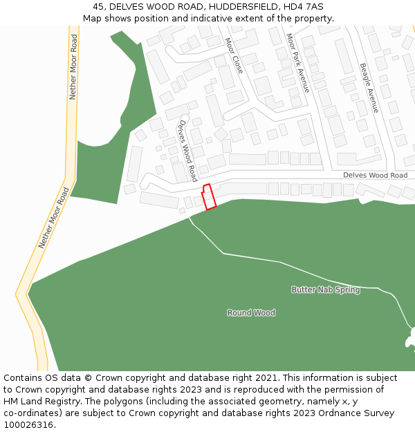 45, DELVES WOOD ROAD, HUDDERSFIELD, HD4 7AS: Location map and indicative extent of plot