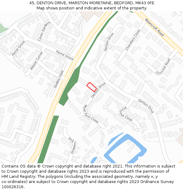 45, DENTON DRIVE, MARSTON MORETAINE, BEDFORD, MK43 0FE: Location map and indicative extent of plot