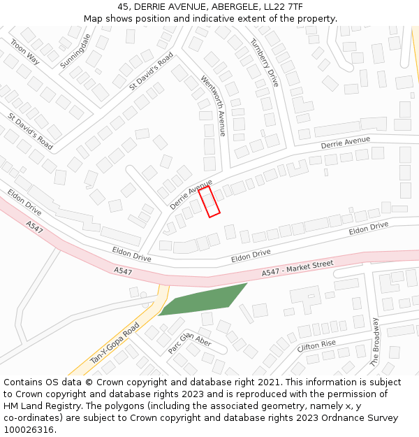 45, DERRIE AVENUE, ABERGELE, LL22 7TF: Location map and indicative extent of plot