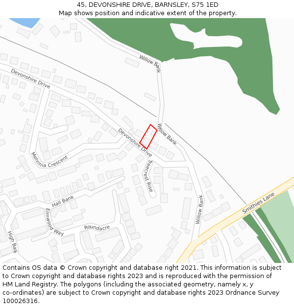 45, DEVONSHIRE DRIVE, BARNSLEY, S75 1ED: Location map and indicative extent of plot