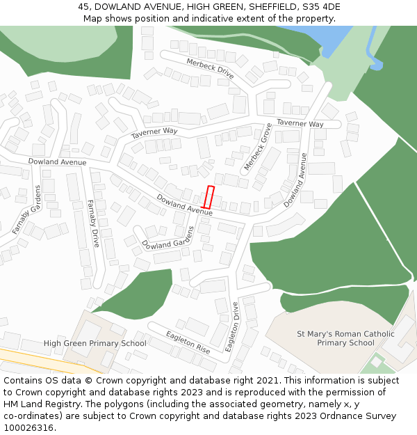 45, DOWLAND AVENUE, HIGH GREEN, SHEFFIELD, S35 4DE: Location map and indicative extent of plot
