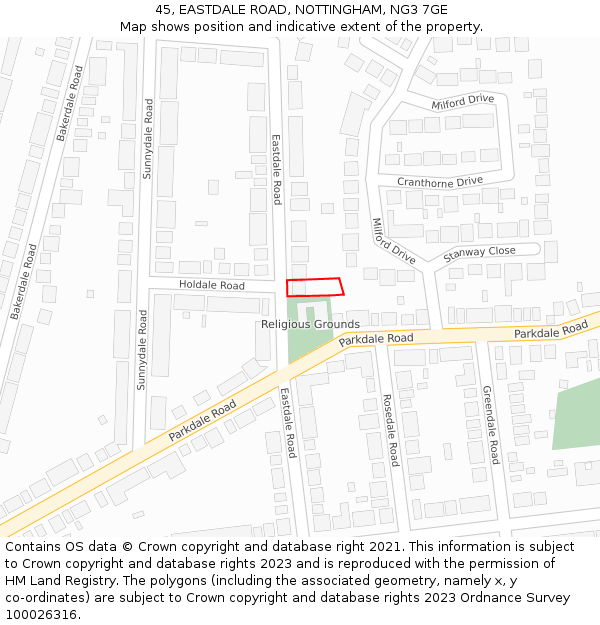 45, EASTDALE ROAD, NOTTINGHAM, NG3 7GE: Location map and indicative extent of plot