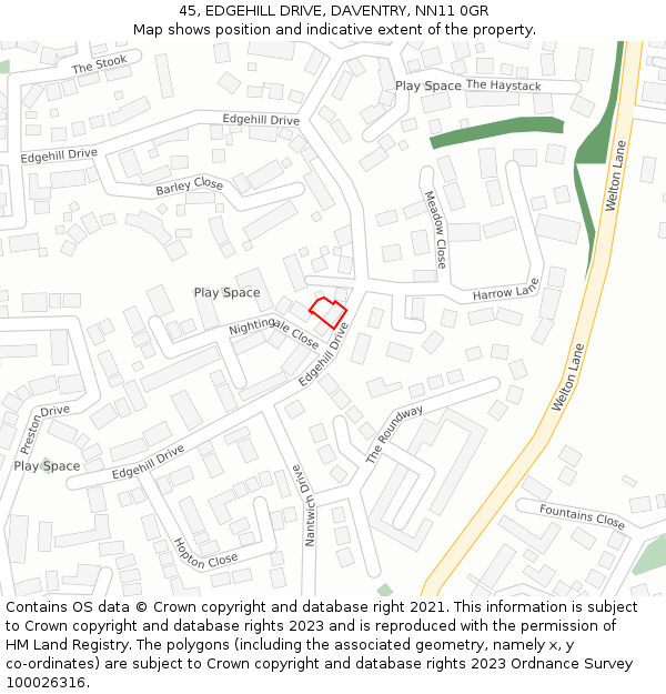 45, EDGEHILL DRIVE, DAVENTRY, NN11 0GR: Location map and indicative extent of plot