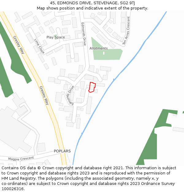 45, EDMONDS DRIVE, STEVENAGE, SG2 9TJ: Location map and indicative extent of plot