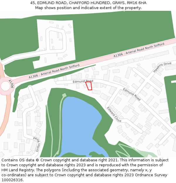 45, EDMUND ROAD, CHAFFORD HUNDRED, GRAYS, RM16 6HA: Location map and indicative extent of plot