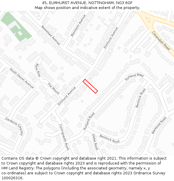45, ELMHURST AVENUE, NOTTINGHAM, NG3 6GF: Location map and indicative extent of plot