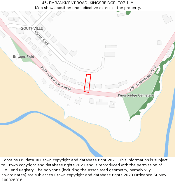 45, EMBANKMENT ROAD, KINGSBRIDGE, TQ7 1LA: Location map and indicative extent of plot