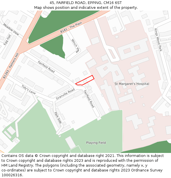 45, FAIRFIELD ROAD, EPPING, CM16 6ST: Location map and indicative extent of plot