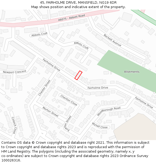 45, FAIRHOLME DRIVE, MANSFIELD, NG19 6DR: Location map and indicative extent of plot