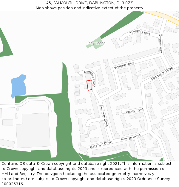 45, FALMOUTH DRIVE, DARLINGTON, DL3 0ZS: Location map and indicative extent of plot