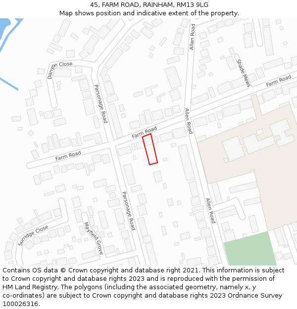 45, FARM ROAD, RAINHAM, RM13 9LG: Location map and indicative extent of plot