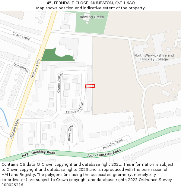 45, FERNDALE CLOSE, NUNEATON, CV11 6AQ: Location map and indicative extent of plot