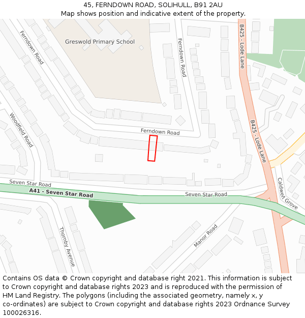 45, FERNDOWN ROAD, SOLIHULL, B91 2AU: Location map and indicative extent of plot