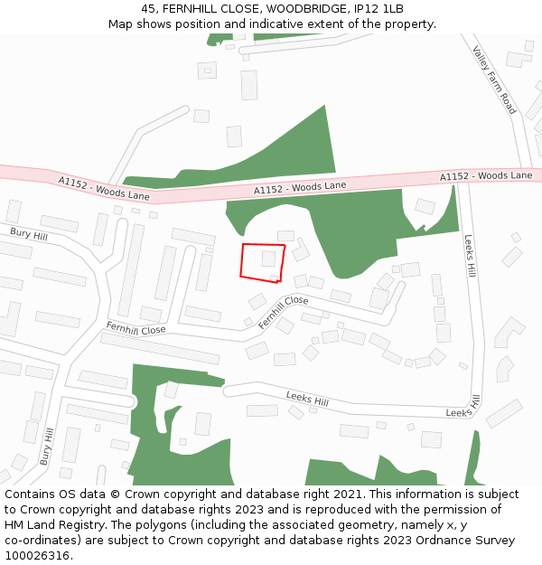 45, FERNHILL CLOSE, WOODBRIDGE, IP12 1LB: Location map and indicative extent of plot