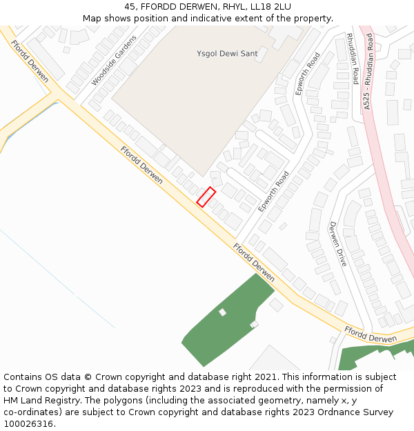45, FFORDD DERWEN, RHYL, LL18 2LU: Location map and indicative extent of plot
