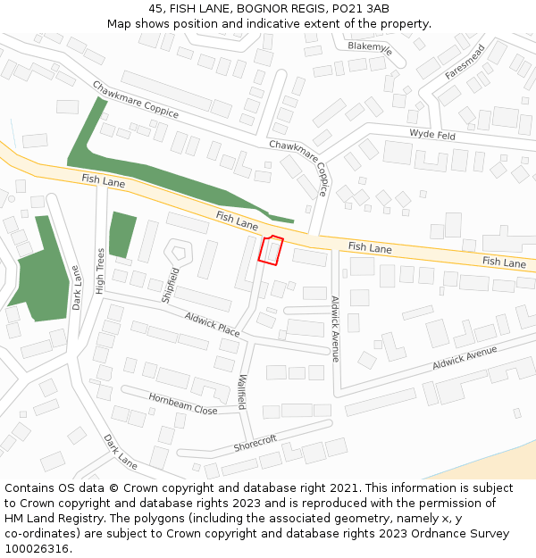 45, FISH LANE, BOGNOR REGIS, PO21 3AB: Location map and indicative extent of plot