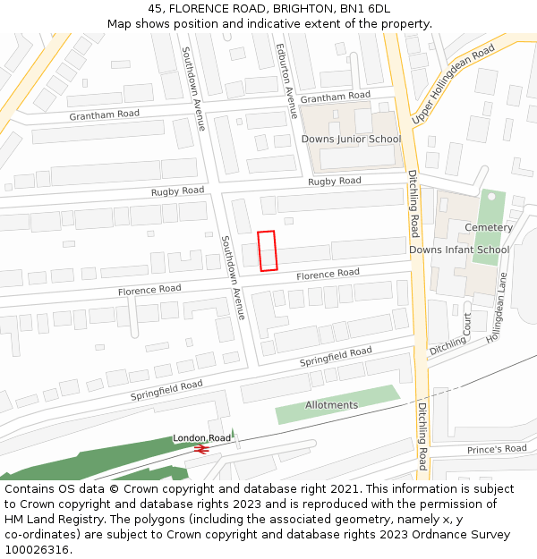45, FLORENCE ROAD, BRIGHTON, BN1 6DL: Location map and indicative extent of plot