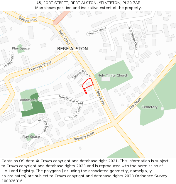 45, FORE STREET, BERE ALSTON, YELVERTON, PL20 7AB: Location map and indicative extent of plot