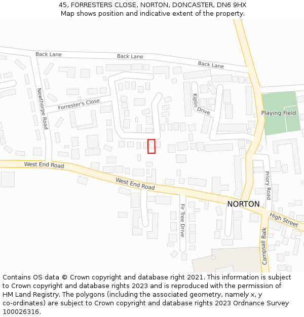 45, FORRESTERS CLOSE, NORTON, DONCASTER, DN6 9HX: Location map and indicative extent of plot