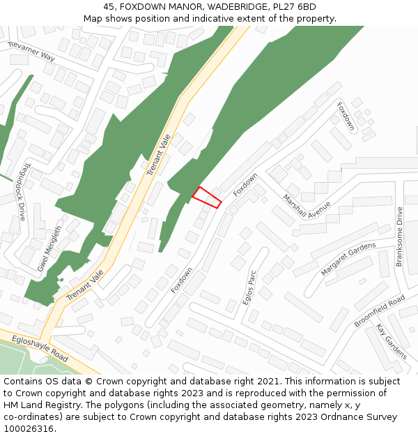 45, FOXDOWN MANOR, WADEBRIDGE, PL27 6BD: Location map and indicative extent of plot