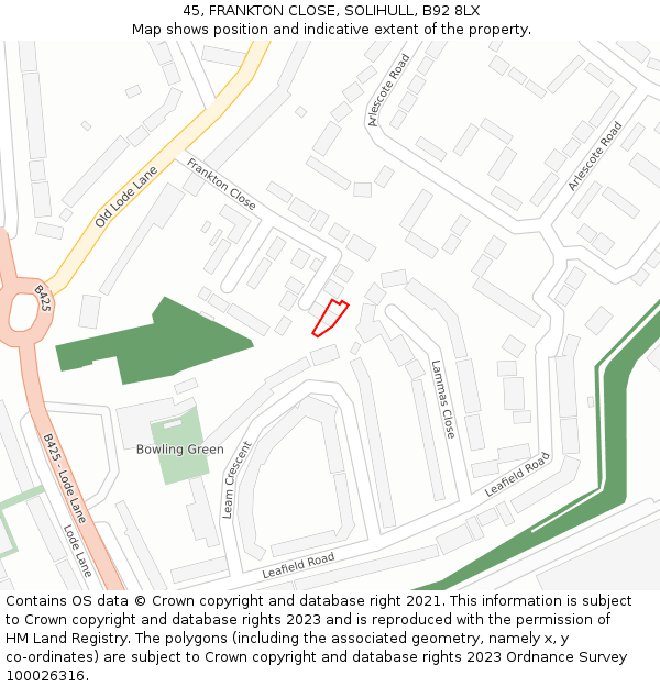 45, FRANKTON CLOSE, SOLIHULL, B92 8LX: Location map and indicative extent of plot