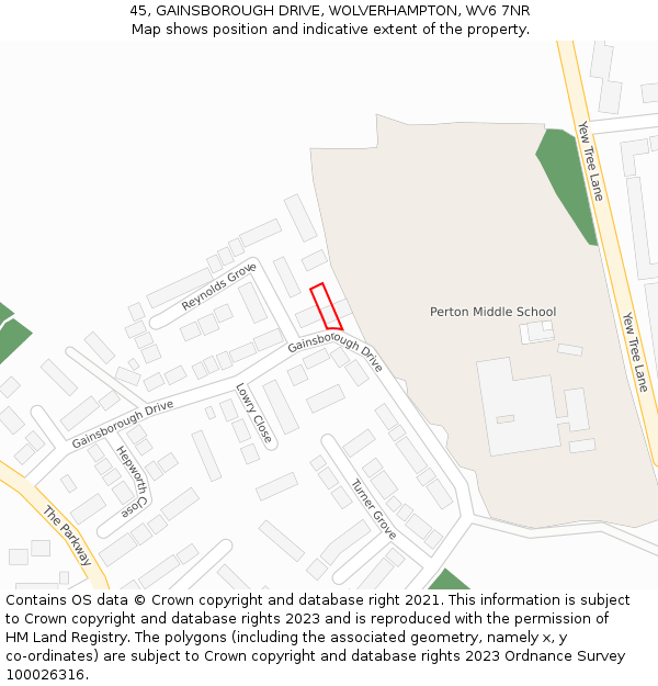 45, GAINSBOROUGH DRIVE, WOLVERHAMPTON, WV6 7NR: Location map and indicative extent of plot