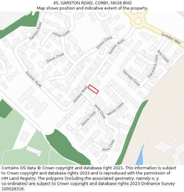 45, GARSTON ROAD, CORBY, NN18 8NG: Location map and indicative extent of plot
